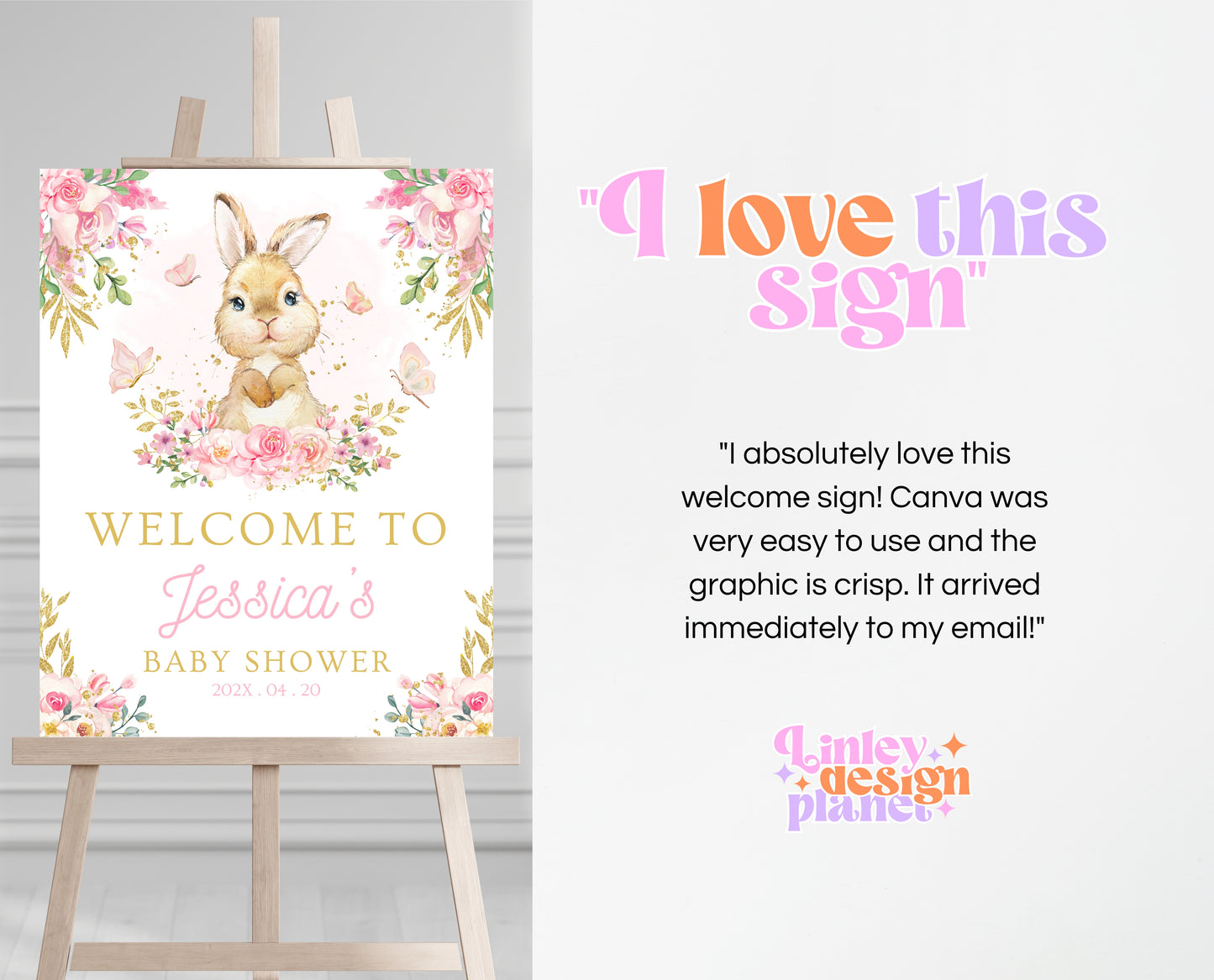 Editable Bunny Baby Shower Welcome Sign, Pink Gold Bunny, Girl Floral Bunny Baby Shower, Spring Rabbit Baby Shower Welcome Banner, EPC10