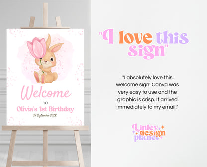 Editable Bunny Birthday Welcome Sign, Rabbit Birthday Party, Hop On Over Bunny Birthday Sign, Spring Birthday, Rabbit Welcome Banner, EPC15
