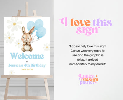 Editable Bunny Birthday Welcome Sign, Blue Rabbit Birthday, Hop On Over Bunny Birthday Sign, Spring Birthday, Rabbit Welcome Banner, EPC07
