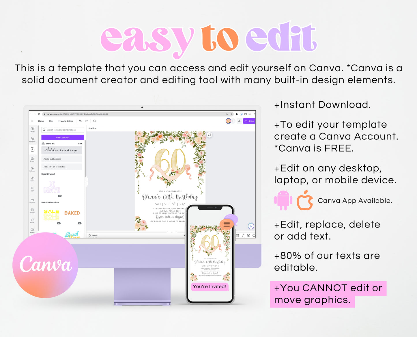 Editable 60th Birthday Invitation Blush Pink Gold Watercolor Roses Digital Template Modern Mobile Invite Instant Download Printable AB10