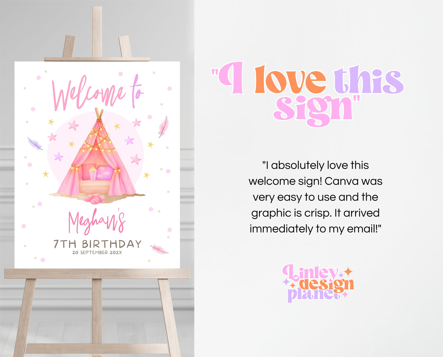 Editable Sleepunder Party Welcome Sign Pink Glamping Spa Slumber Tween Teen Birthday Poster Banner Printable Template Instant Download GBP51