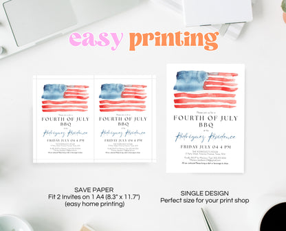 Editable Modern 4th Of July Invitation, Independence Day BBQ Invite, American Barbeque Invitation, July 4th BBQ Invite, July Fourth Invite
