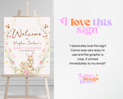 Editable Bunny Baby Shower Welcome Sign, Spring Floral Bunny Decor, Floral Bunny Baby Shower, Spring Bunny Baby Shower Welcome Banner, EPC12