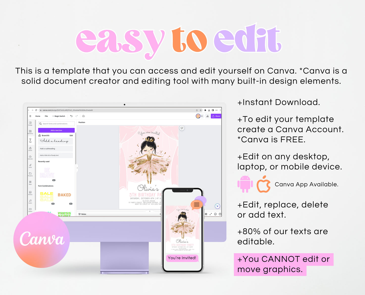 Editable Ballerina Birthday Invitation, Pink Ballet Birthday Invite, Ballet Dancer Party, Printable Ballet Invite, Instant Download, GBP49