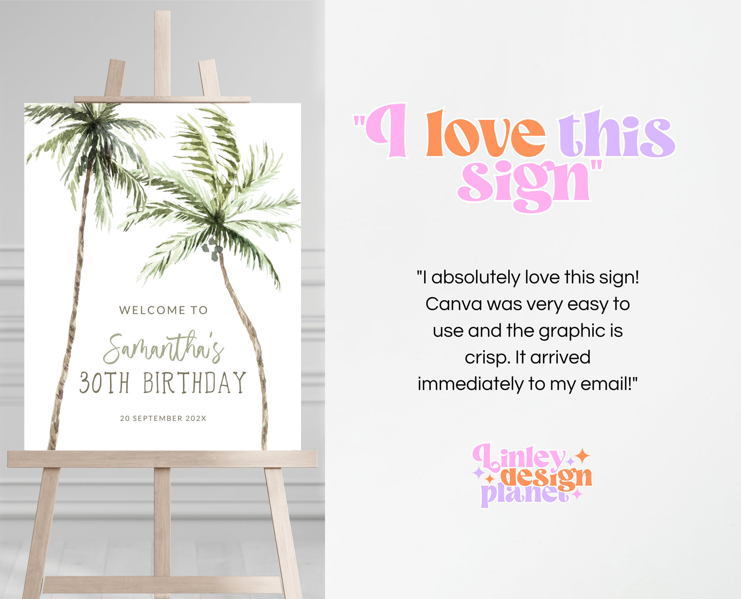 Editable Palm Birthday Welcome Sign Template Summer Beach Party Poster with Palm Trees Modern Watercolour Instant Download Printable AB11