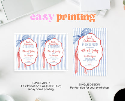 Editable Whimsical 4th Of July Invitation, Independence Day BBQ Invite, American Bow Invitation, July 4th BBQ Invite, July Fourth Invite