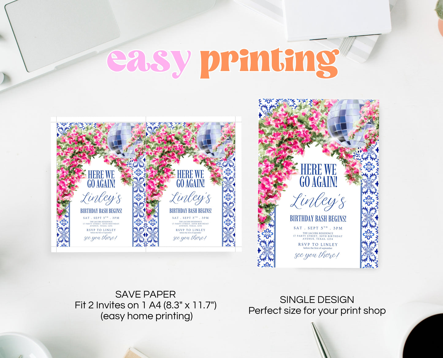 Editable Mediterranean Birthday Invitation Here We Go Again Disco Theme Digital Party Invite Template Fun Celebration Printable Invite AB19