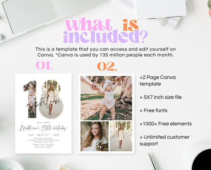 Editable 18th Birthday Invitation Photo Minimalist Modern Elegant Design Simple Digital Party Template Printable Invite Instant Download