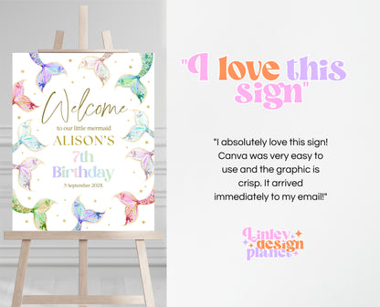 Editable Mermaid Tail Birthday Welcome Sign, Under the Sea Birthday Welcome Banner, Birthday Template, Pastel Rainbow Glitter Mermaid, GBP13