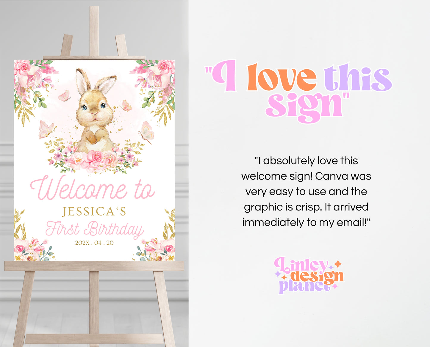 Editable Bunny Birthday Welcome Sign, Pink Gold Some Bunny 1st Birthday, Floral Bunny Birthday, Spring Birthday Rabbit Birthday Sign, EPC09