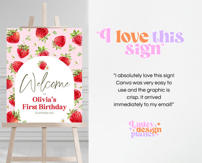 Editable Strawberry Birthday Welcome Sign, Strawberry Arch Birthday Girl Decor, Printable Boho Strawberry Birthday Welcome Banner, GBP05