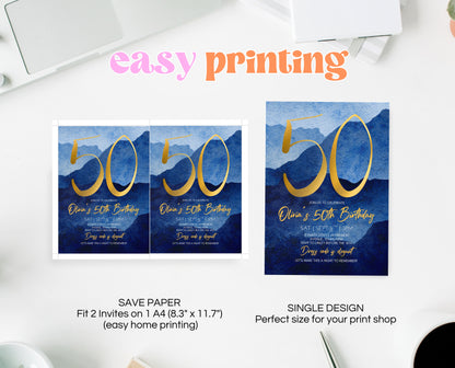 Editable 50th Birthday Invitation Blue Gold Digital Template Modern Mobile Invite for Him Instant Download Printable Party Design AB09