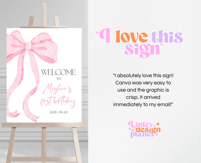 Editable Pink Bow Birthday Welcome Sign, Girl First Birthday Printable, Pink Coquette Bow Welcome Birthday Girl Sign, Bow Sign Decor, VDC12