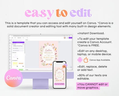 Editable Easter Brunch Invitation, Printable Easter Party Invitation, Scribble Doodle Easter Invite, Pink Floral Easter Brunch Invitation
