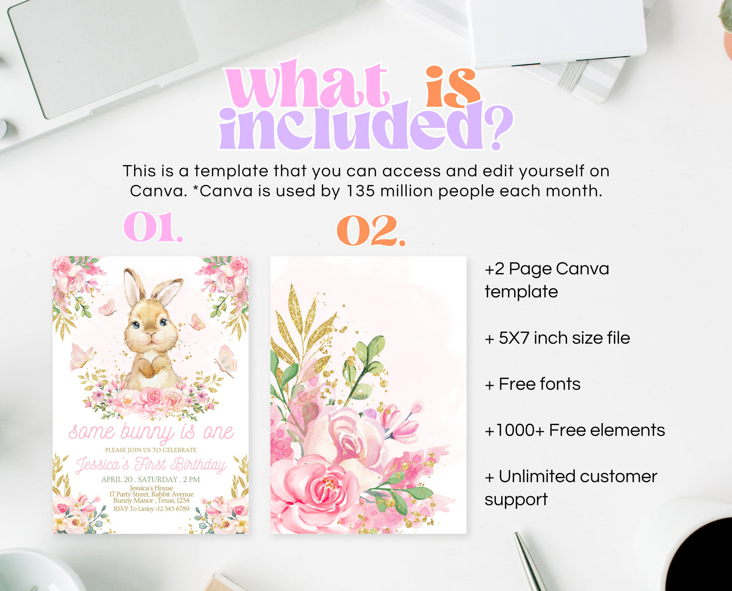 Editable Bunny Birthday Invitation, Pink Gold Some Bunny 1st Birthday, Floral Bunny Birthday, Spring Birthday Rabbit Birthday Invite, EPC09