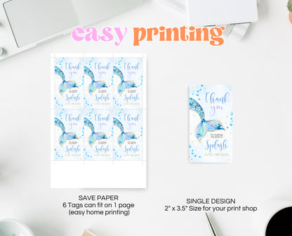 Editable Mermaid Tail Birthday Favor Tag, Under the Sea Birthday Thank You Tag, Birthday Template, Blue And Gold Glitter Mermaid Tag, GBP12