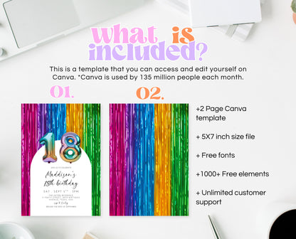 Editable 18th Birthday Invitation Rainbow Streamers Theme Colourful Fun Party Design Digital Template Instant Download Printable Invite