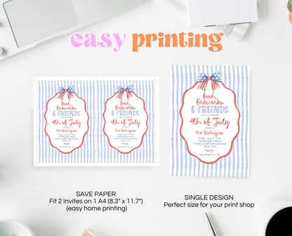 Editable Whimsical 4th Of July Invitation, Independence Day BBQ Invite, American Bow Invitation, July 4th BBQ Invite, July Fourth Invite