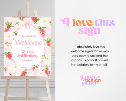 Editable Strawberry Birthday Welcome Sign, Whimsical Strawberry Birthday Girl, Printable Pink Strawberries Birthday Welcome Banner, GBP06