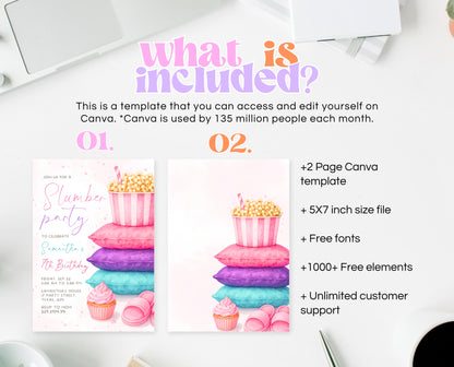 Editable Slumber Birthday Invitation Pink Glamping Spa Sleepover Party Movie Night Tween Teen Printable Template Instant Download GBP52