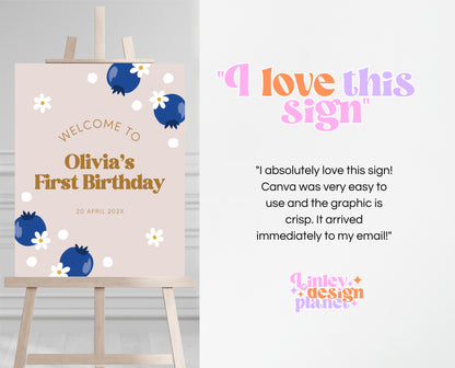 Editable Blueberry Birthday Welcome Sign, Retro Blueberry Birthday Girl Decor, Printable Boho Blueberry Birthday Welcome Banner, Gold, GBP03