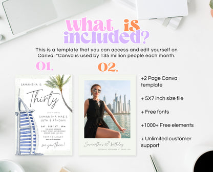 Editable Dubai Themed Palm Birthday Invitation Summer Party Template Luxury Desert Tropical Printable Invite Download AB13