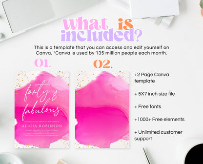 Editable Hot Pink and Gold 40th Birthday Invitation Forty and Fabulous Party Invite Modern Glam Birthday Template Printable Download AB17
