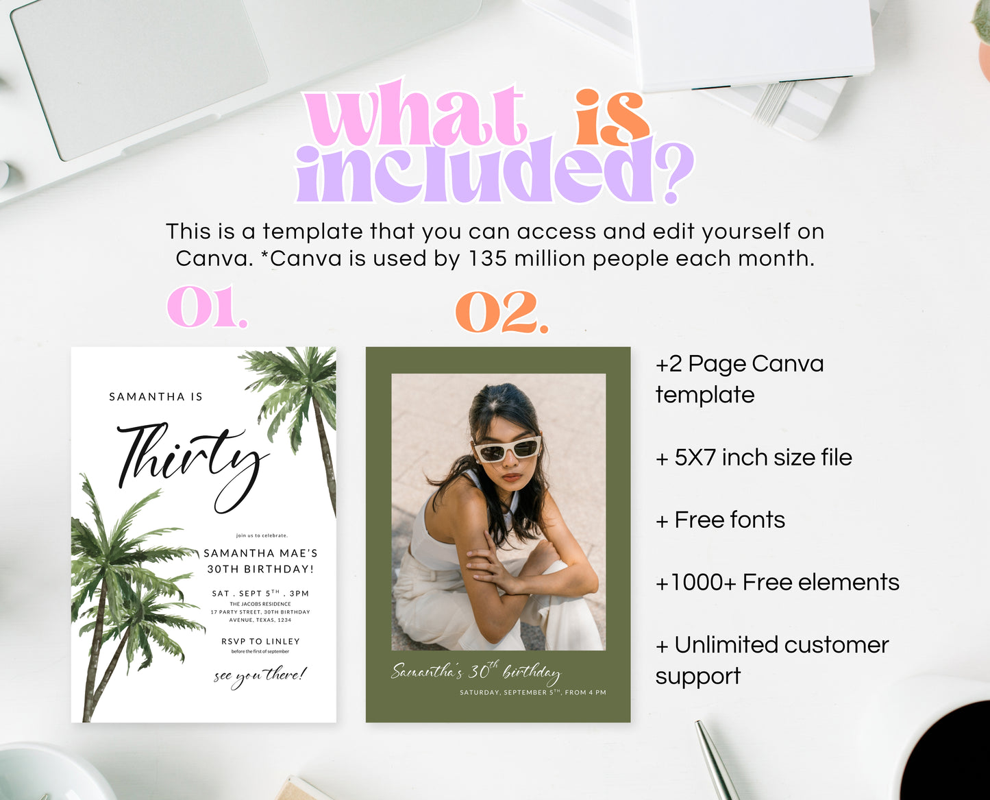 Editable Palm Birthday Invitation Template Folk Palm Trees Summer Party Beach Theme Watercolour Modern Instant Download Printable AB12