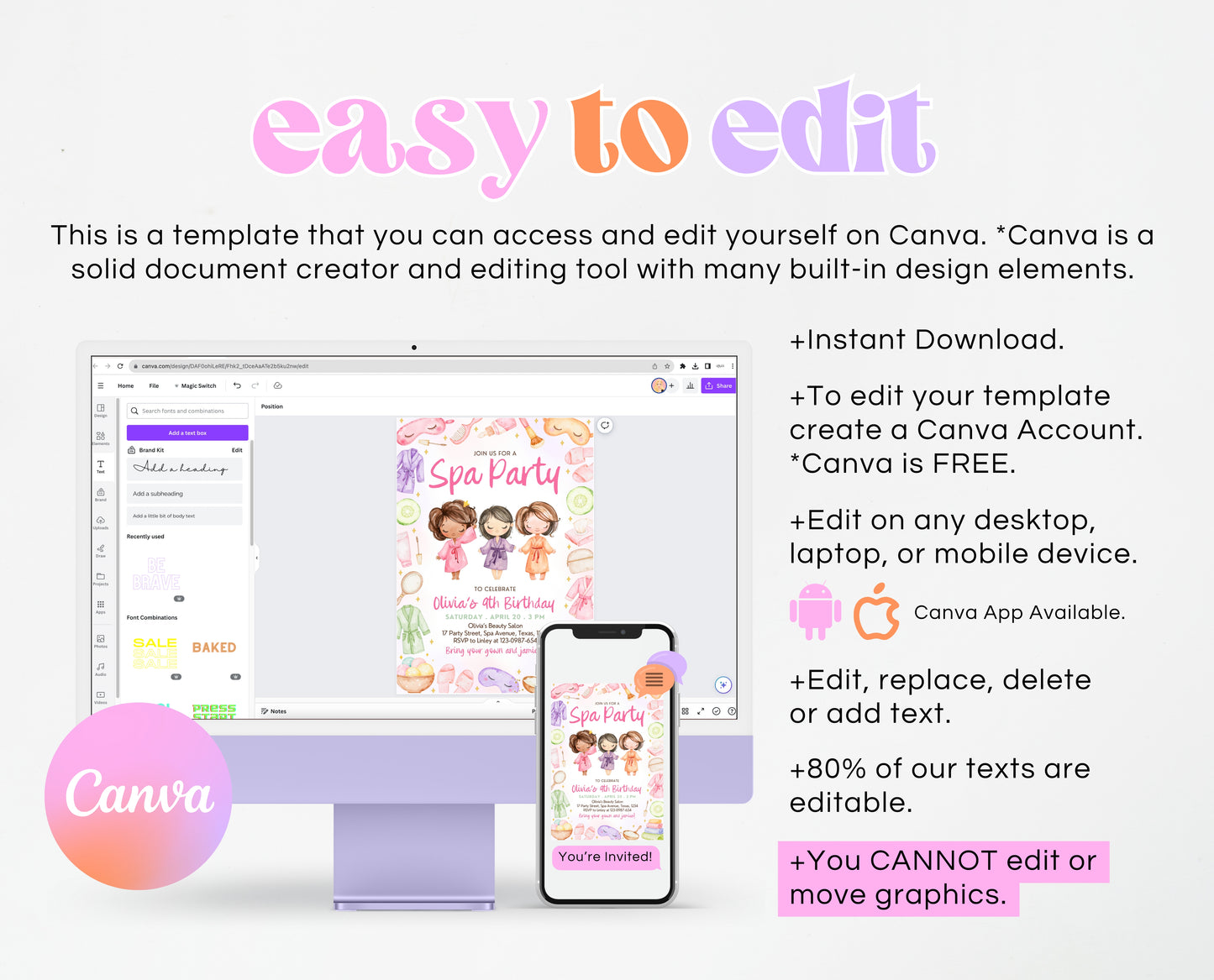 Editable Spa Birthday Invitation, Spa Party Invite, Pamper Birthday Invite, Pink Glam Party Invite, Spa Girls Birthday Invitation, GBP08