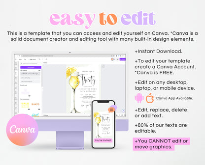 Editable Citrus Cocktail Birthday Invitation Lemon Drink Party Sip Sip It's My Birthday Printable Invite Template Instant Download 30th
