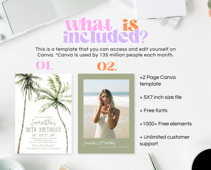 Editable Palm Birthday Invitation Template Folk Palm Trees Summer Party Beach Theme Watercolour Modern Instant Download Printable AB11
