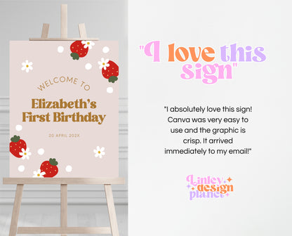 Editable Strawberry Birthday Welcome Sign, Retro Strawberry Birthday Girl Decor, Printable Boho Strawberry Birthday Welcome Banner, GBP02