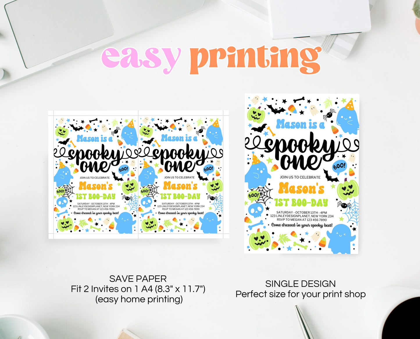 Editable Spooky One Birthday Invitation Blue Green Halloween 1st Birthday Template for Boy Digital Download Printable Invite Neon Boy HB01