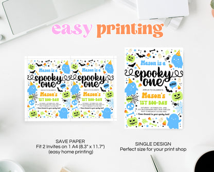 Editable Spooky One Birthday Invitation Blue Green Halloween 1st Birthday Template for Boy Digital Download Printable Invite Neon Boy HB01