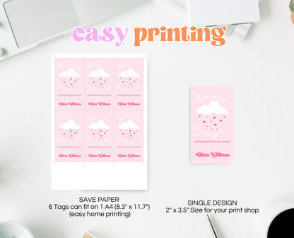 Editable Valentine Baby Shower Favor Tag, Showered With Love Baby Shower tag, Pink Cloud Hearts Baby Shower Thank You Tag, Download, VDC11