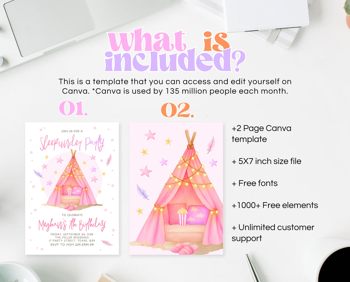 Editable Sleepunder Birthday Invitation Pink Glamping Spa Slumber Party Movie Night Tween Teen Printable Template Instant Download GBP51