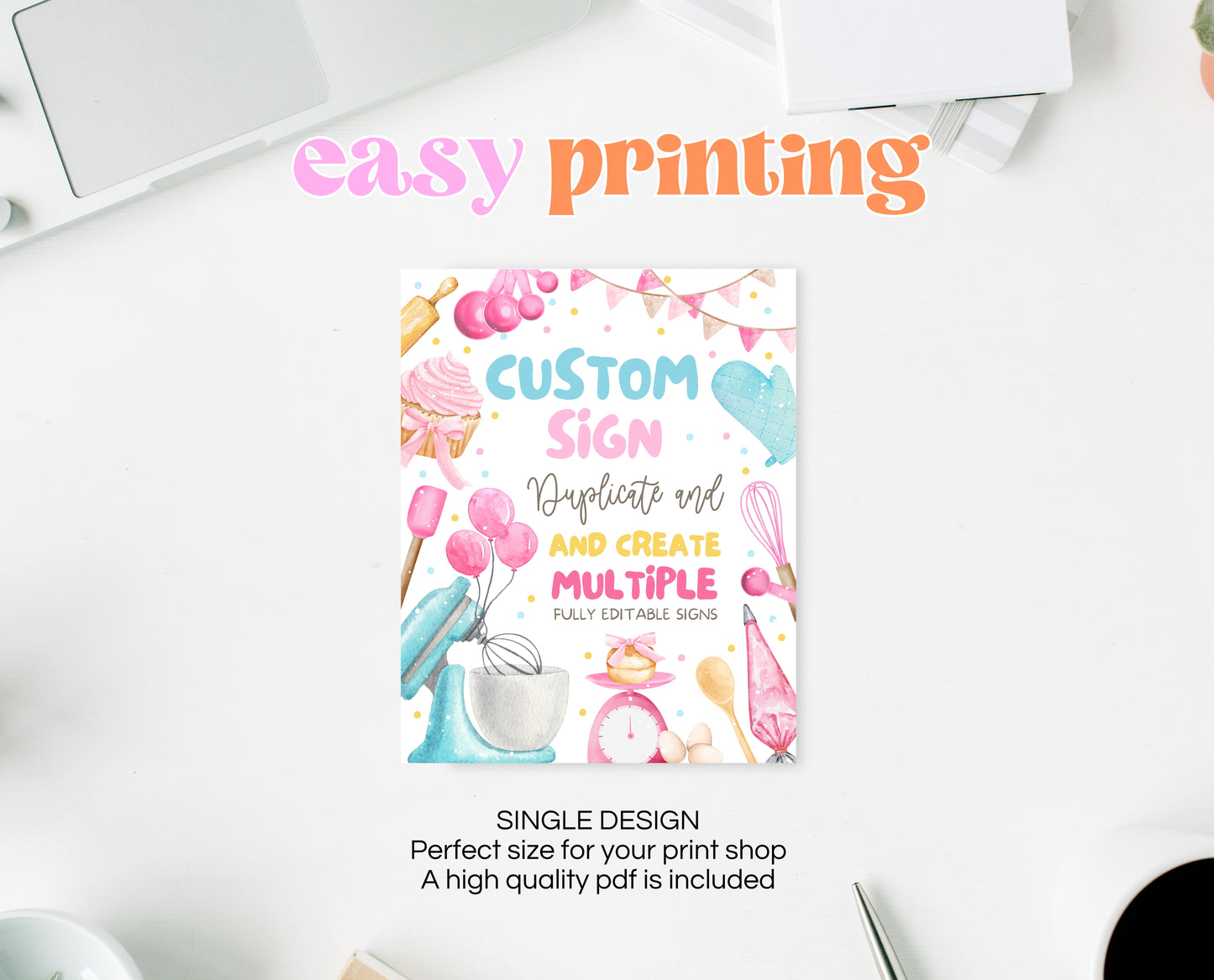 Editable Custom Birthday Party Sign Fully Editable Kids Cooking Party Welcome Poster Chef Party Banner Pink Baking Instant Download GBP50