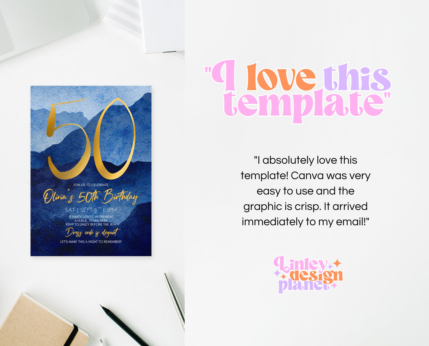Editable 50th Birthday Invitation Blue Gold Digital Template Modern Mobile Invite for Him Instant Download Printable Party Design AB09