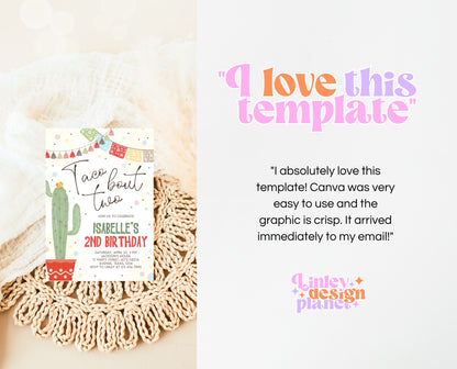 Editable Fiesta Taco Bout Two Birthday Invitation, 2nd Fiesta Birthday, Cactus Mexican Birthday, Fiesta Party Invite, BBP05