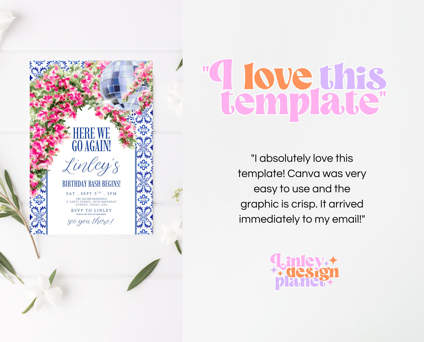 Editable Mediterranean Birthday Invitation Here We Go Again Disco Theme Digital Party Invite Template Fun Celebration Printable Invite AB19
