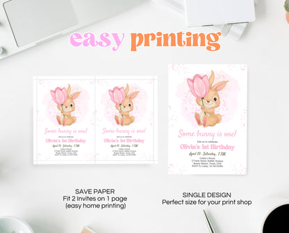 Editable Bunny Birthday Invitation, Some Bunny 1st Birthday Party, Hop On Over Bunny Birthday, Spring Birthday Rabbit Birthday Invite, EPC15