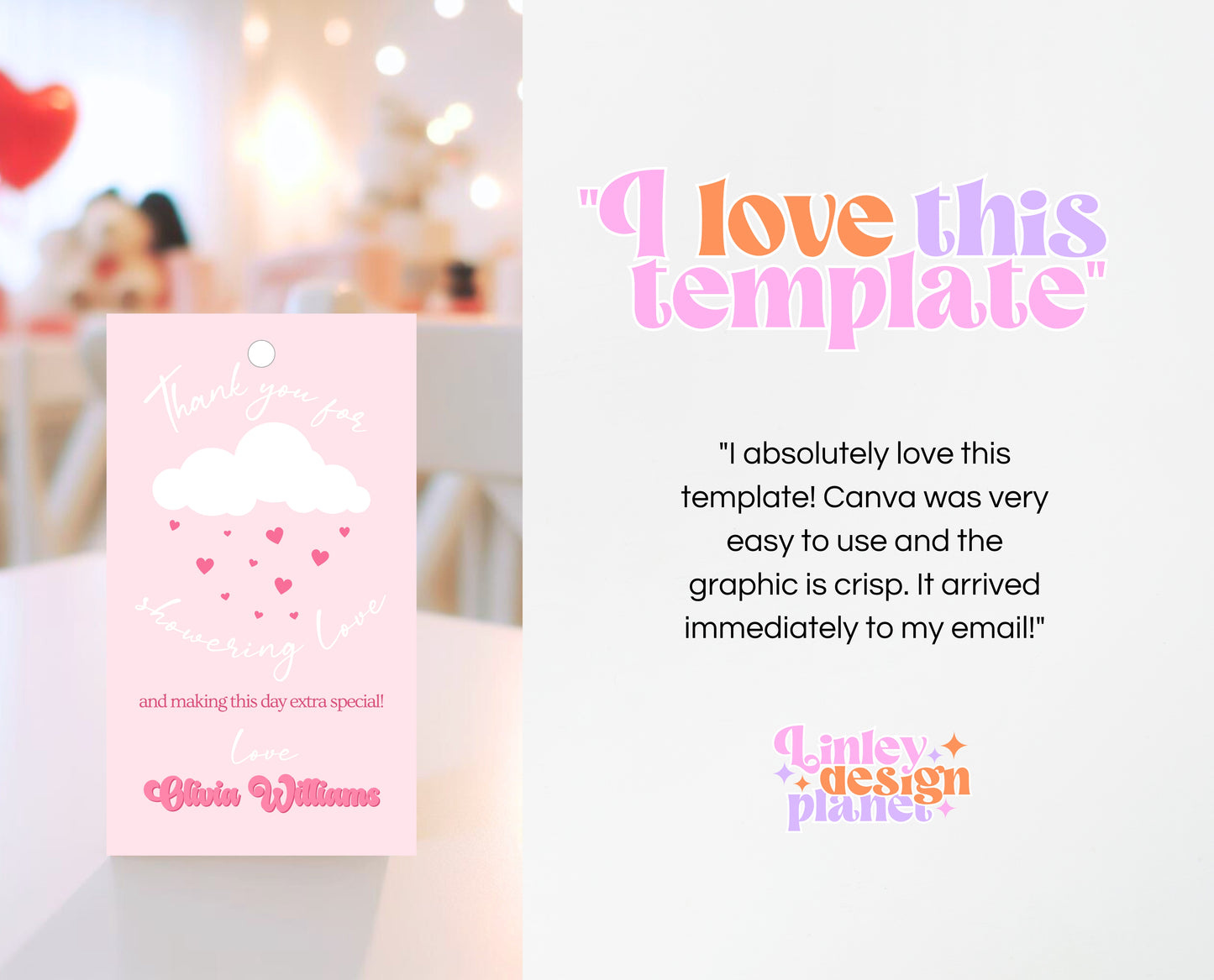 Editable Valentine Baby Shower Favor Tag, Showered With Love Baby Shower tag, Pink Cloud Hearts Baby Shower Thank You Tag, Download, VDC11