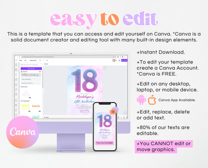Editable 18th Birthday Invitation Pink Purple Blue Glitter Design Modern Elegant Digital Party Template Printable Invite Instant Download