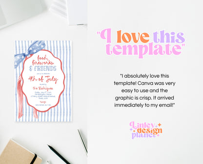 Editable Whimsical 4th Of July Invitation, Independence Day BBQ Invite, American Bow Invitation, July 4th BBQ Invite, July Fourth Invite