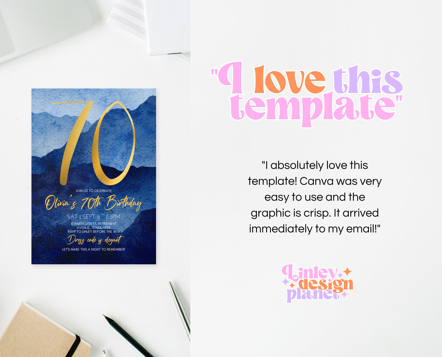 Editable 70th Birthday Invitation Blue Gold Digital Template Modern Mobile Invite for Him Instant Download Printable Party Design AB09