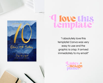 Editable 70th Birthday Invitation Blue Gold Digital Template Modern Mobile Invite for Him Instant Download Printable Party Design AB09