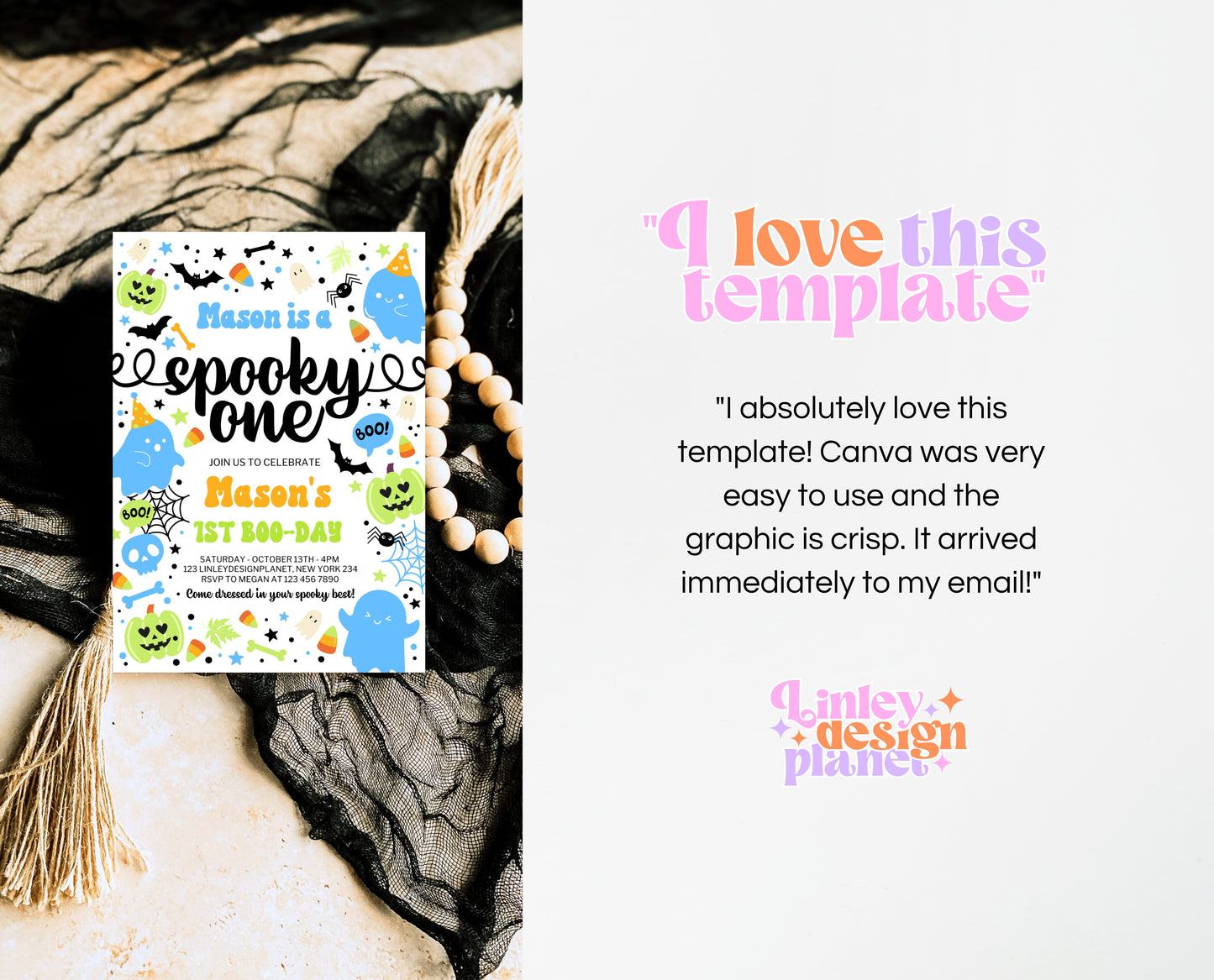 Editable Spooky One Birthday Invitation Blue Green Halloween 1st Birthday Template for Boy Digital Download Printable Invite Neon Boy HB01