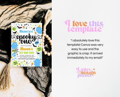 Editable Spooky One Birthday Invitation Blue Green Halloween 1st Birthday Template for Boy Digital Download Printable Invite Neon Boy HB01