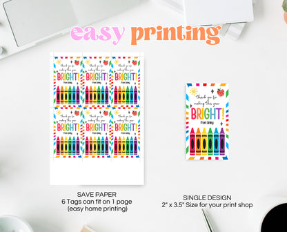Editable Teacher Appreciation Tag, Teacher Crayons Tag, Thank You Crayon Gift Tag, End of School Year Appreciation Week, Template, Printable