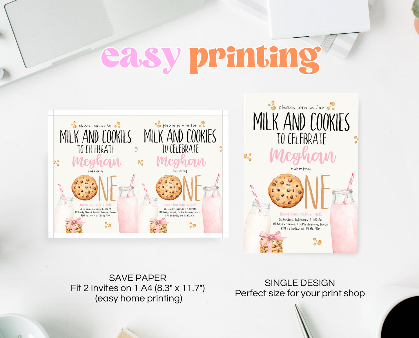 Editable Milk And Cookies Birthday Invitation, Pink Milk And Cookies First Birthday Invite, Printable Girl First Birthday Invite, GBP01